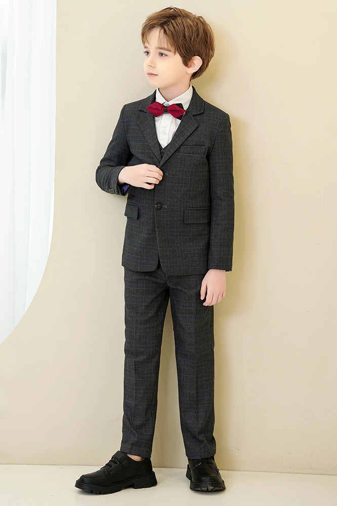 Black Small Plaid 3-Piece Suit Set Single Breasted Formal Outfit
