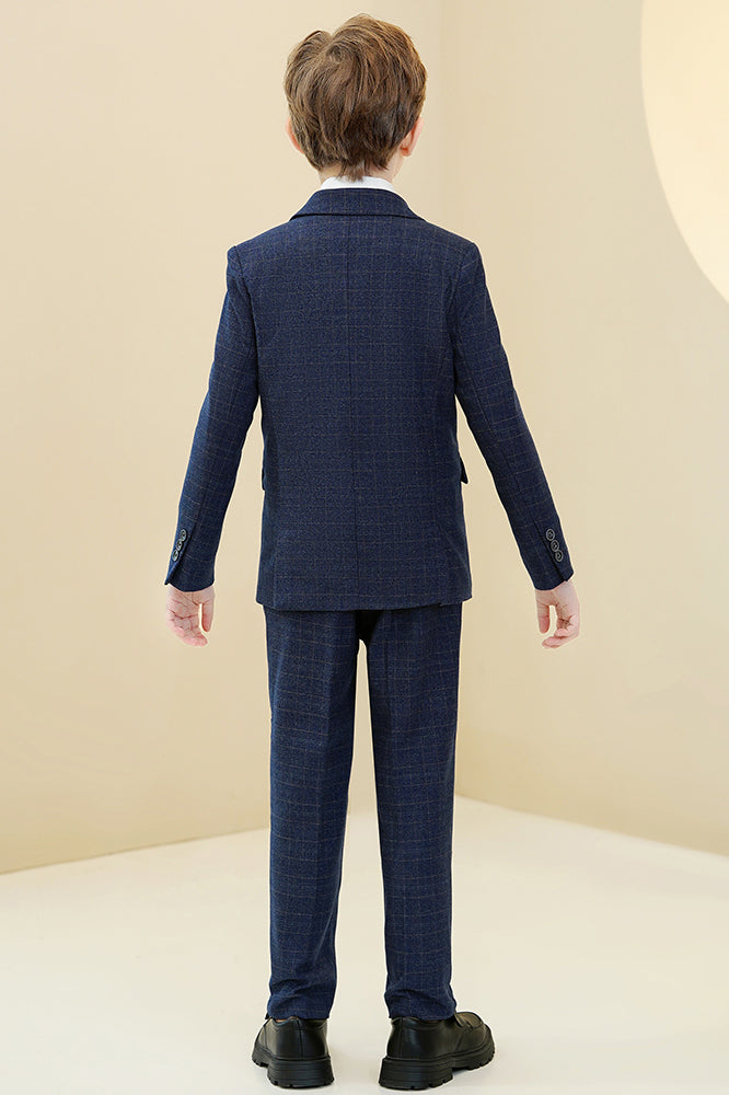Dark Navy Plaid 3-Piece Suit Set Single Breasted Formal Outfit