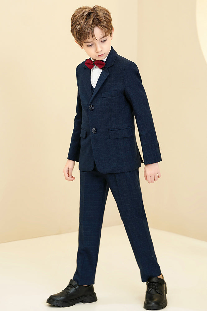 Dark Navy Plaid 3-Piece Suit Set Single Breasted Formal Outfit