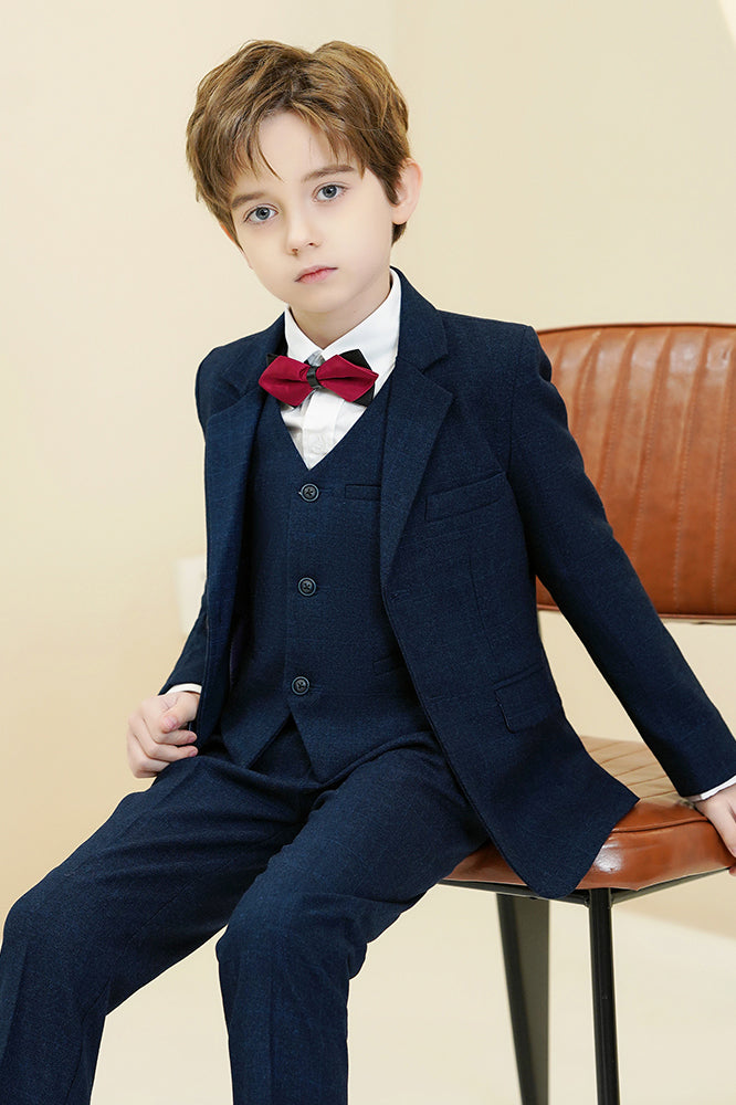 Dark Navy Plaid 3-Piece Suit Set Single Breasted Formal Outfit