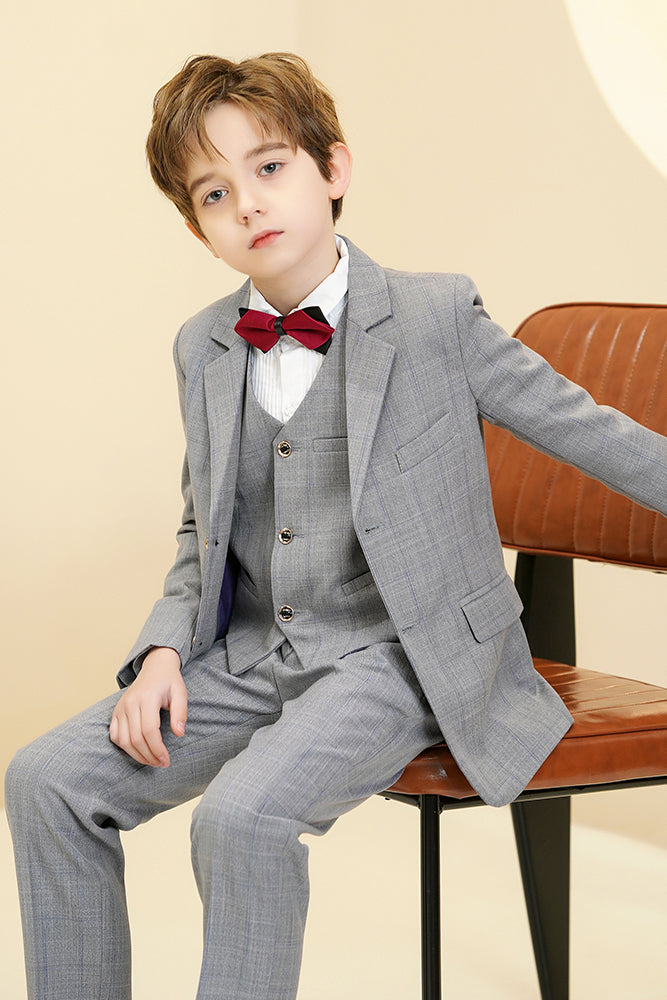 Light Grey Plaid 3-Piece Suit Set Single Breasted Formal Outfit