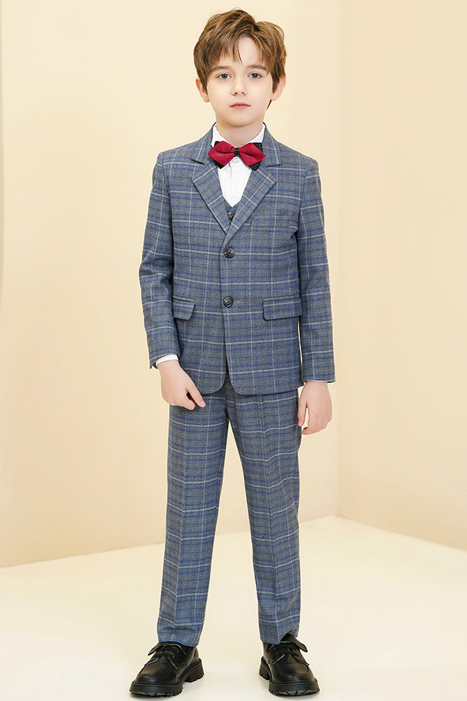 Grey Blue Plaid 3-Piece Suit Set Single Breasted Formal Outfit