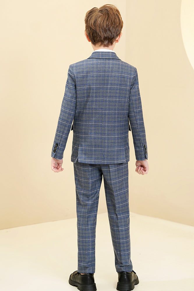 Grey Blue Plaid 3-Piece Suit Set Single Breasted Formal Outfit