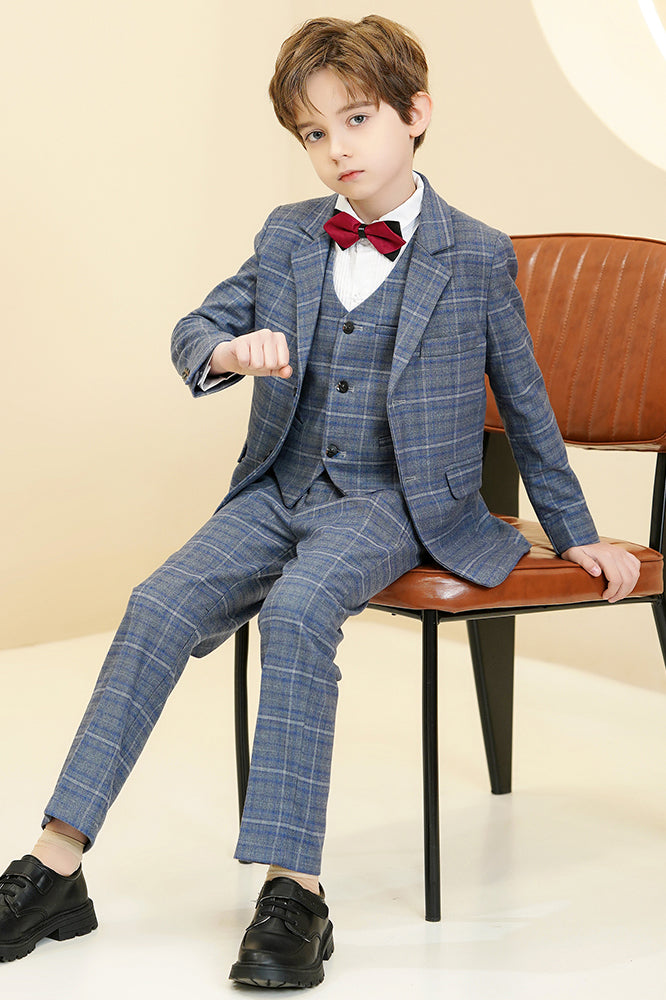 Grey Blue Plaid 3-Piece Suit Set Single Breasted Formal Outfit