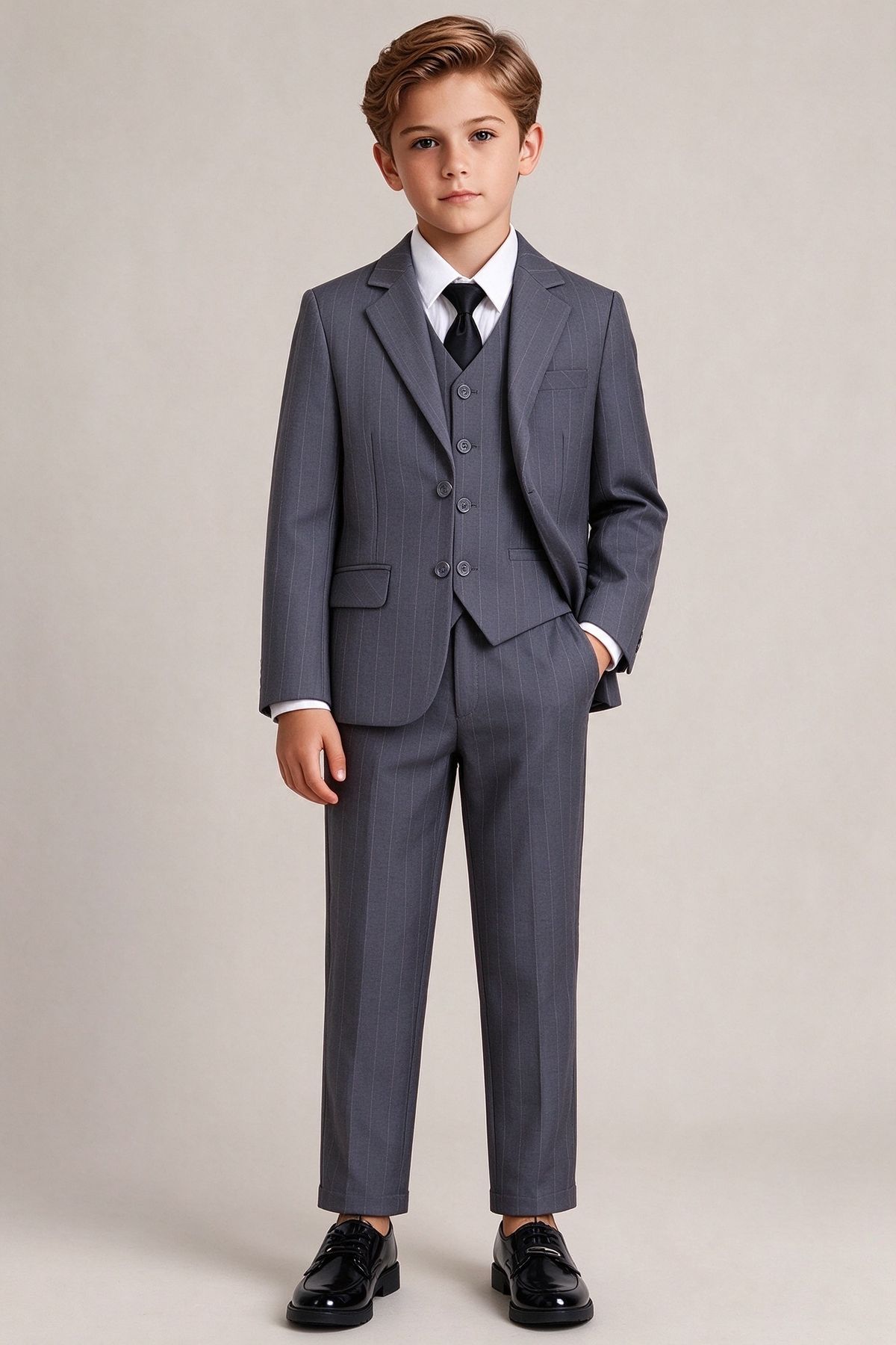 Grey Striped 3-Piece Suit Set Single Breasted Formal Outfit