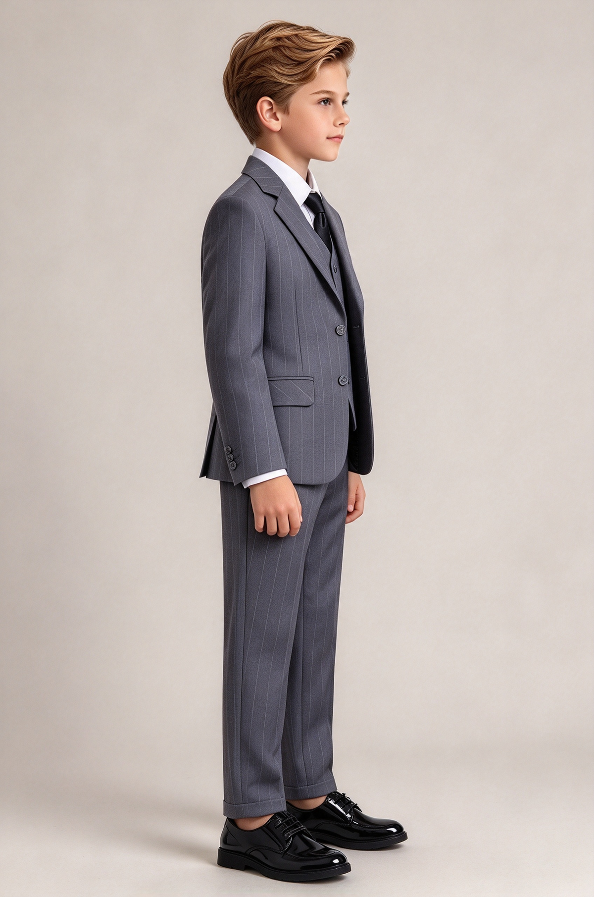 Grey Striped 3-Piece Suit Set Single Breasted Formal Outfit