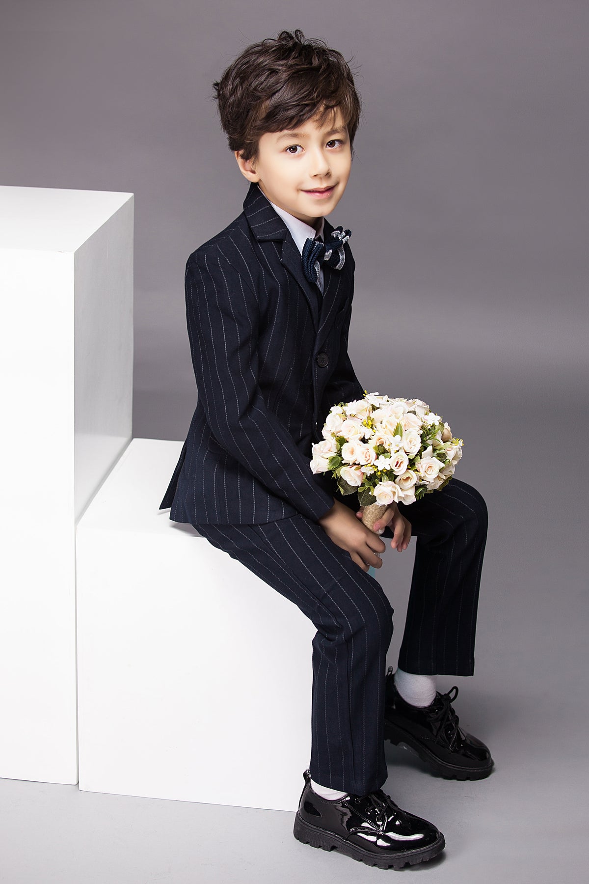 Dark Navy Striped 3-Piece Suit Set Single Breasted Formal Outfit