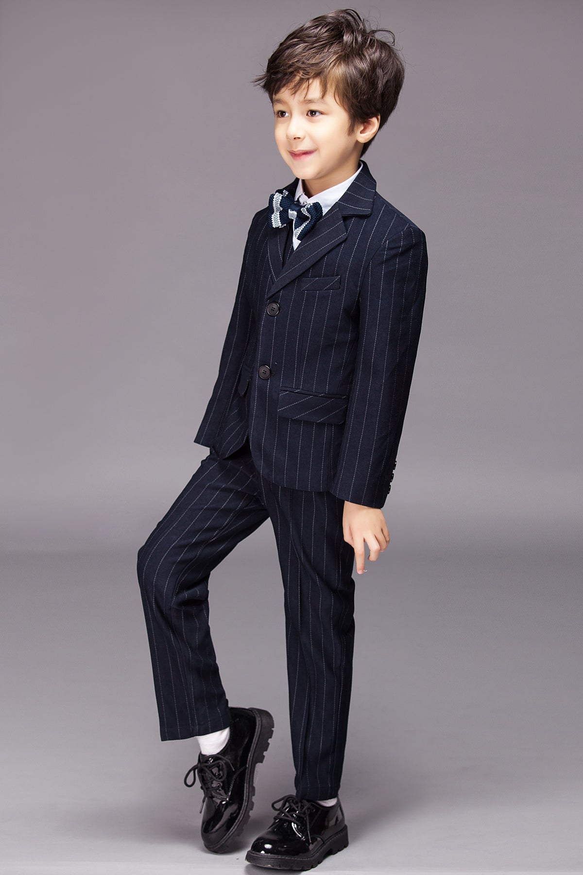 Dark Navy Striped 3-Piece Suit Set Single Breasted Formal Outfit