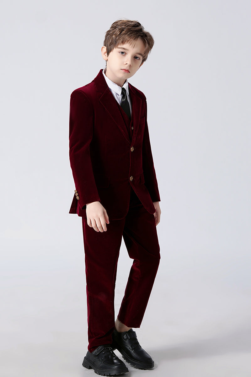 Boys Burgundy Velve 3-Piece Suit with Notch Lapel