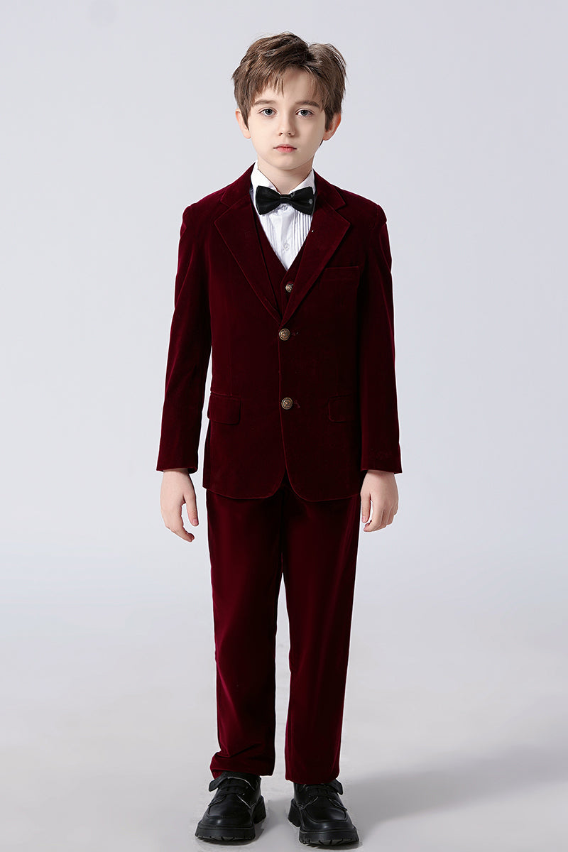 Boys Burgundy Velve 3-Piece Suit with Notch Lapel