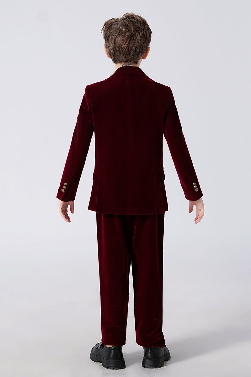 Boys Burgundy Velve 3-Piece Suit with Notch Lapel