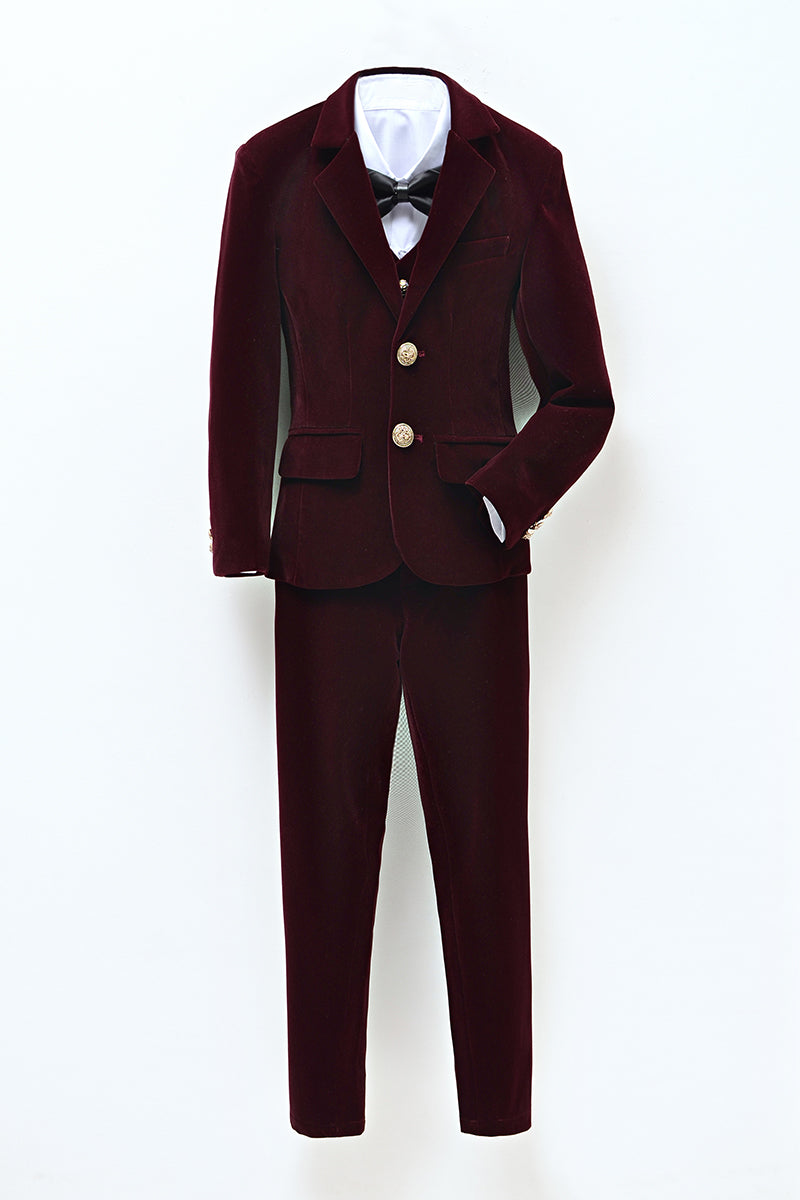 Boys Burgundy Velve 3-Piece Suit with Notch Lapel