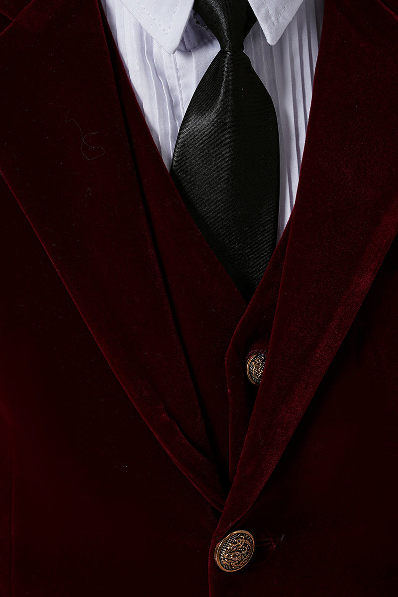 Boys Burgundy Velve 3-Piece Suit with Notch Lapel