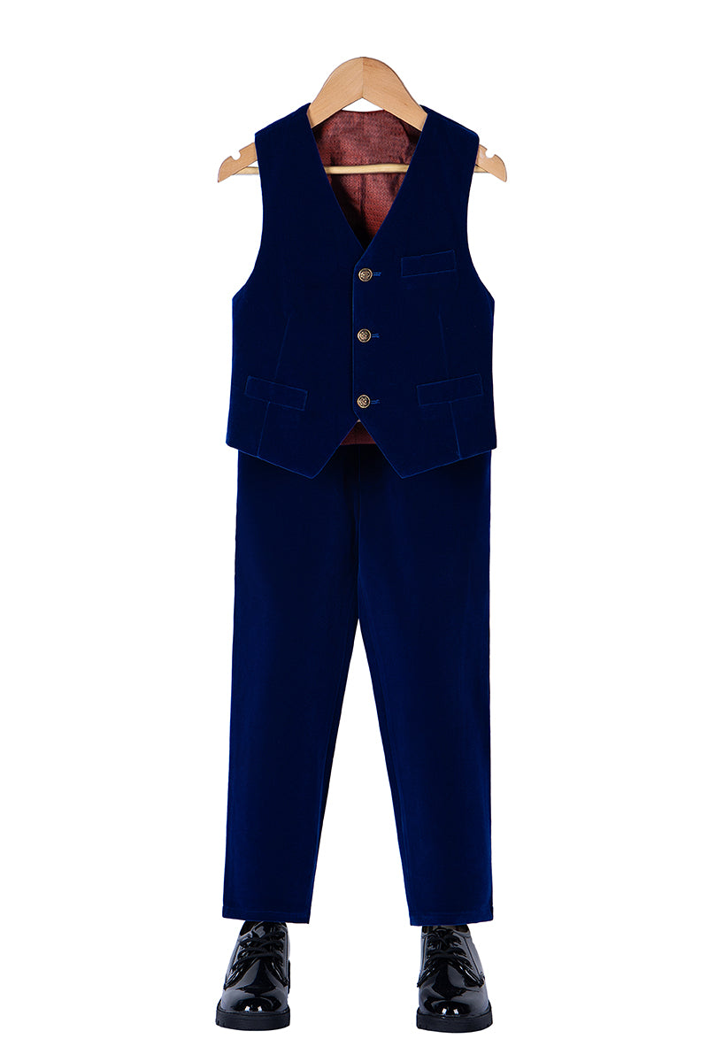 Boys Navy Velvet 3-Piece Suit with Notch Lapel