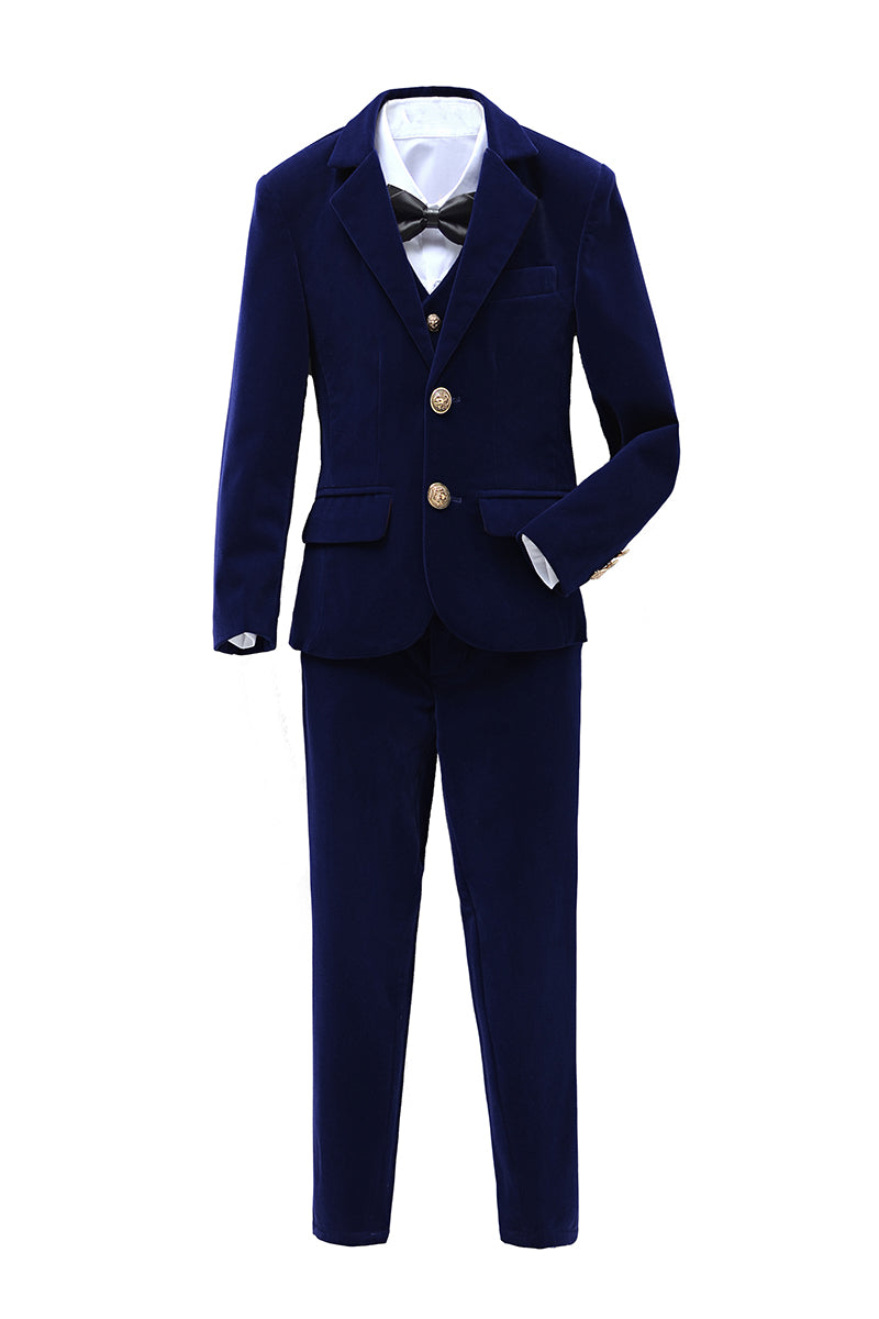 Boys Navy Velvet 3-Piece Suit with Notch Lapel
