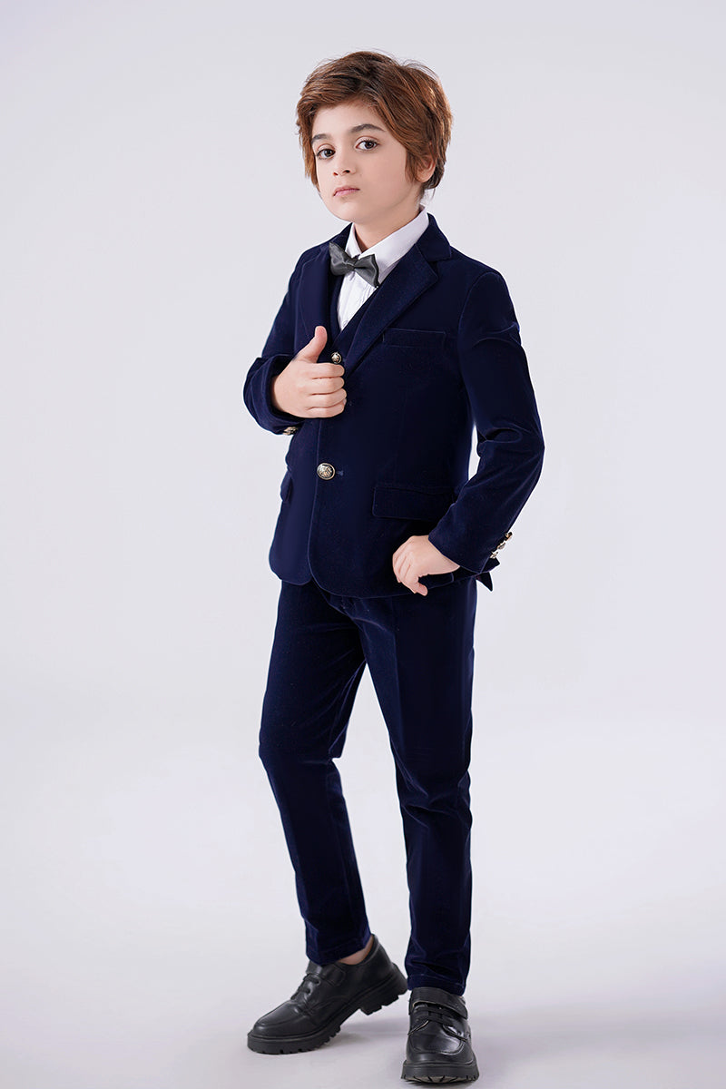Boys Navy Velvet 3-Piece Suit with Notch Lapel