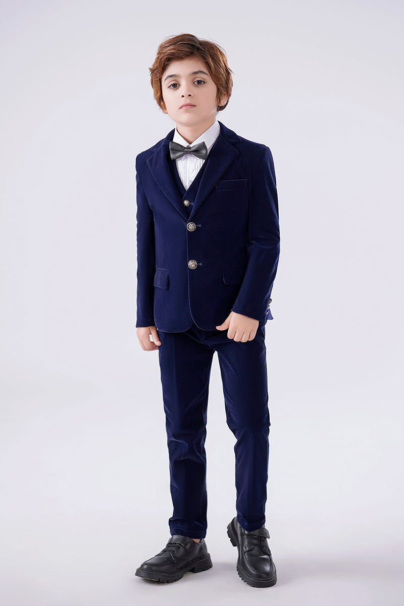 Boys Navy Velvet 3-Piece Suit with Notch Lapel
