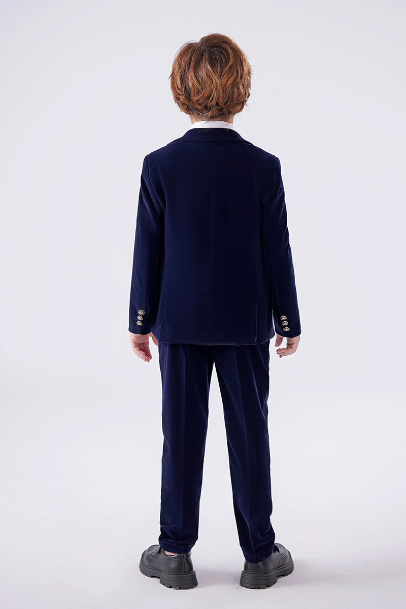 Boys Navy Velvet 3-Piece Suit with Notch Lapel