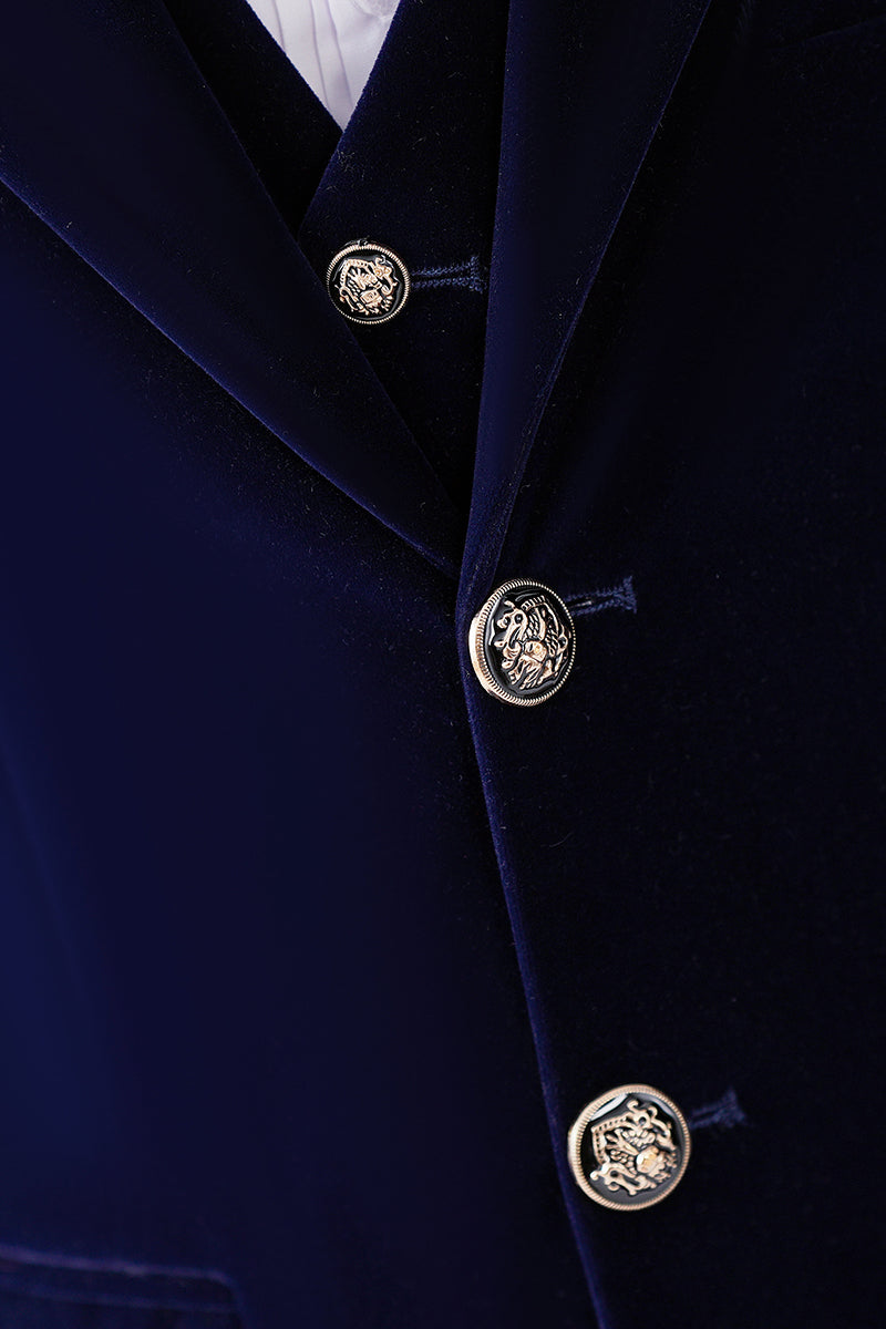 Boys Navy Velvet 3-Piece Suit with Notch Lapel