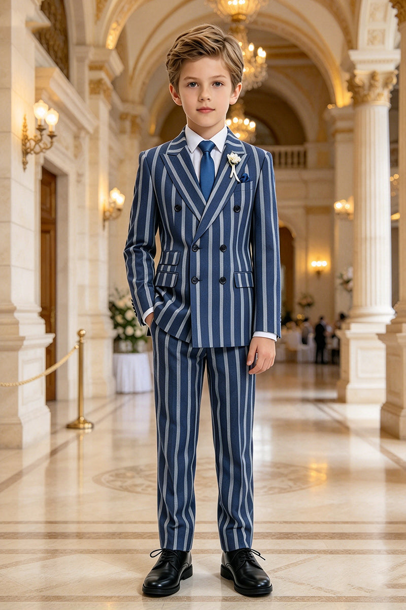 Boys Blue Striped 2-Piece Suit with Peak Lapel