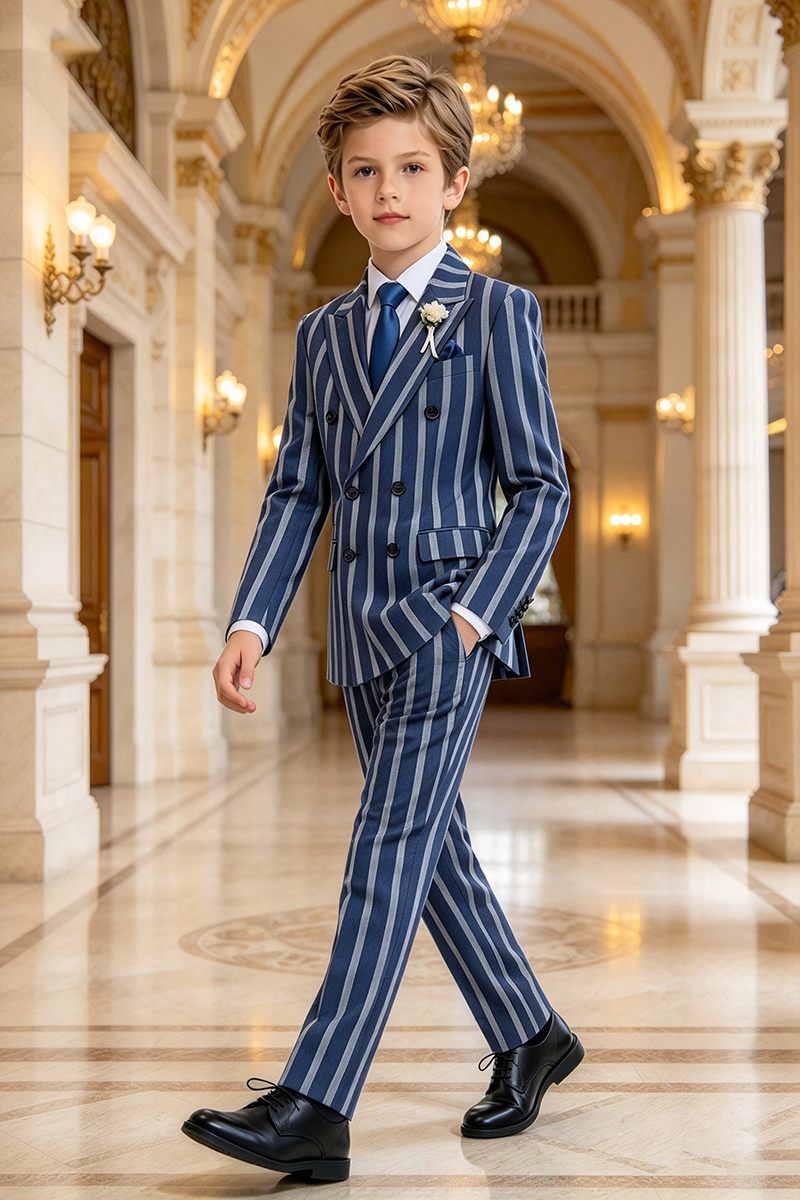 Boys Blue Striped 2-Piece Suit with Peak Lapel