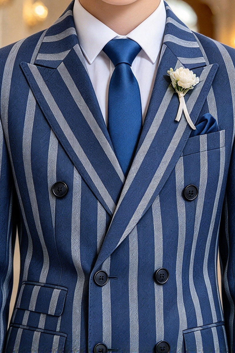 Boys Blue Striped 2-Piece Suit with Peak Lapel