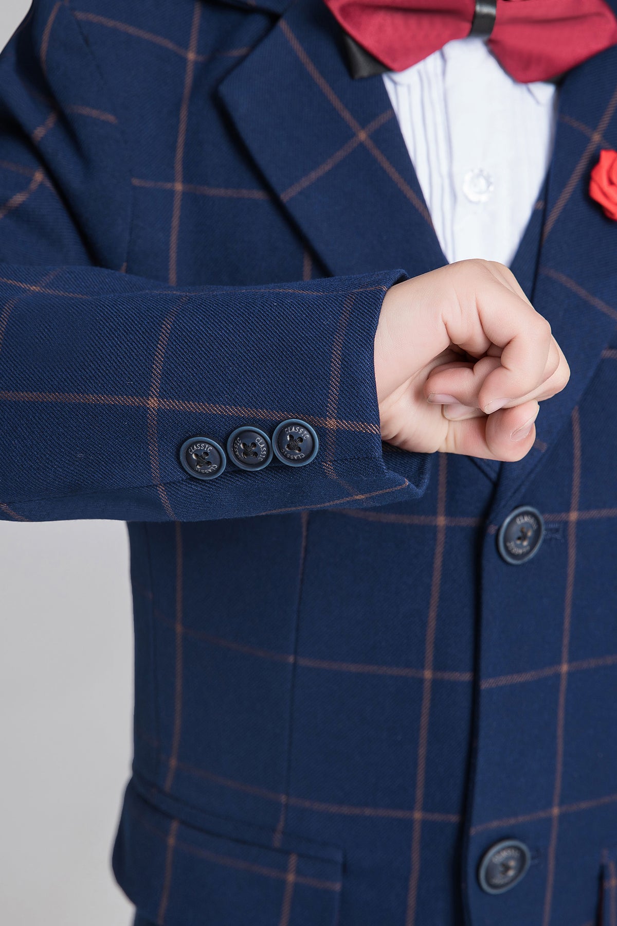 Navy Plaid 3-Piece Suit Set Single Breasted Formal Outfit
