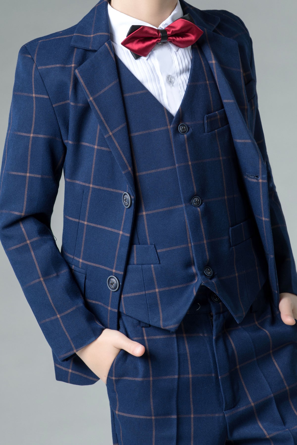 Navy Plaid 3-Piece Suit Set Single Breasted Formal Outfit