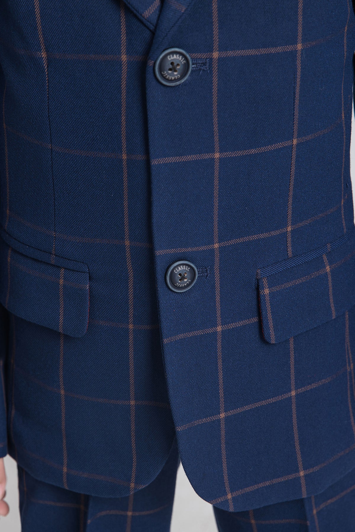 Navy Plaid 3-Piece Suit Set Single Breasted Formal Outfit