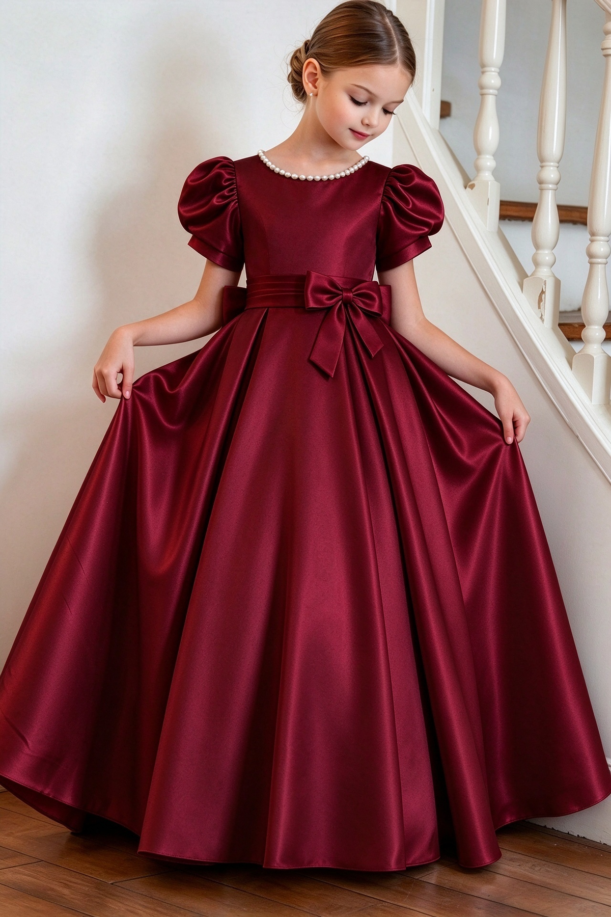 Silver Satin Pearl Puff Sleeve Bow A-Line Formal Dress