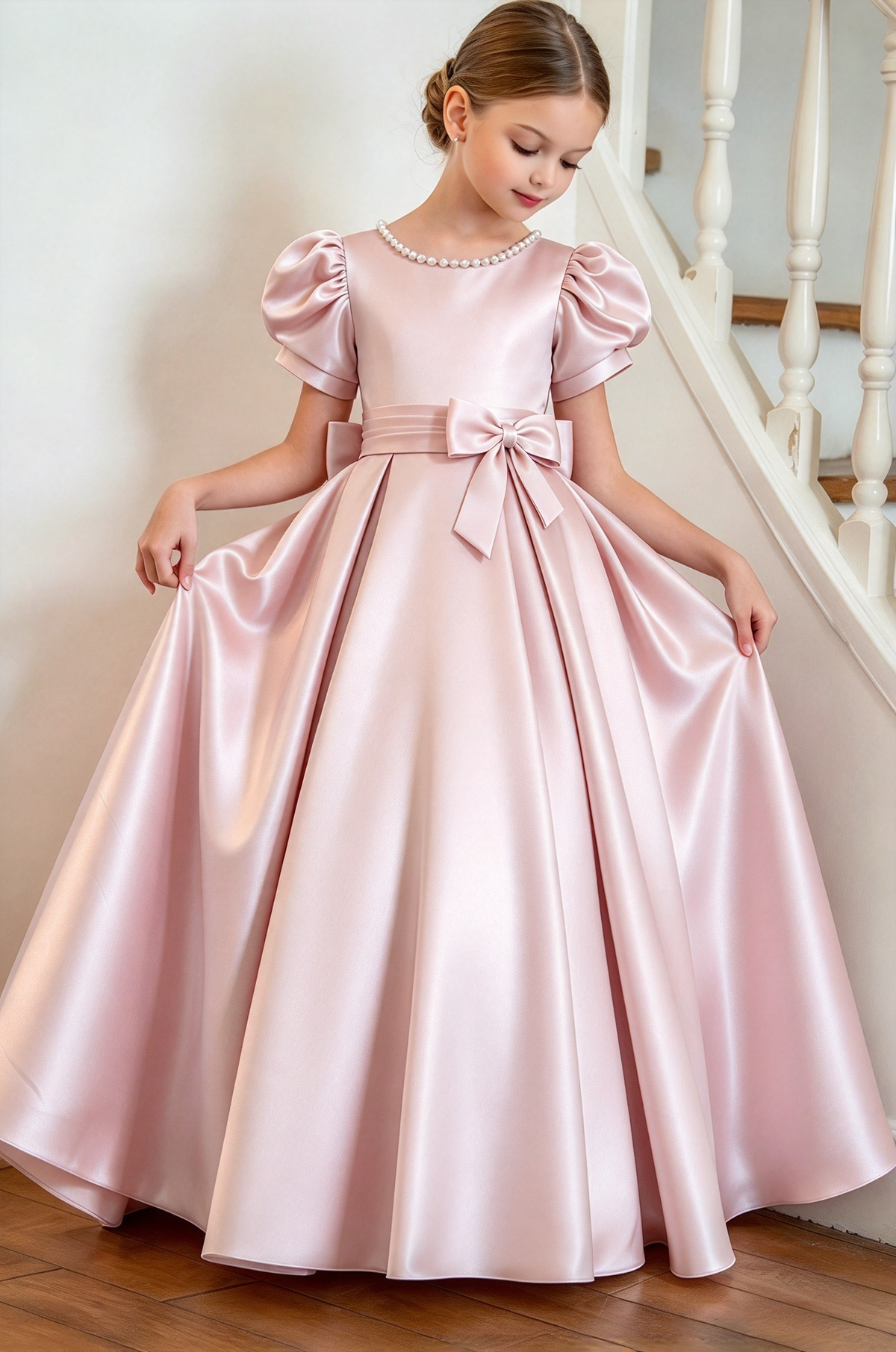 Silver Satin Pearl Puff Sleeve Bow A-Line Formal Dress