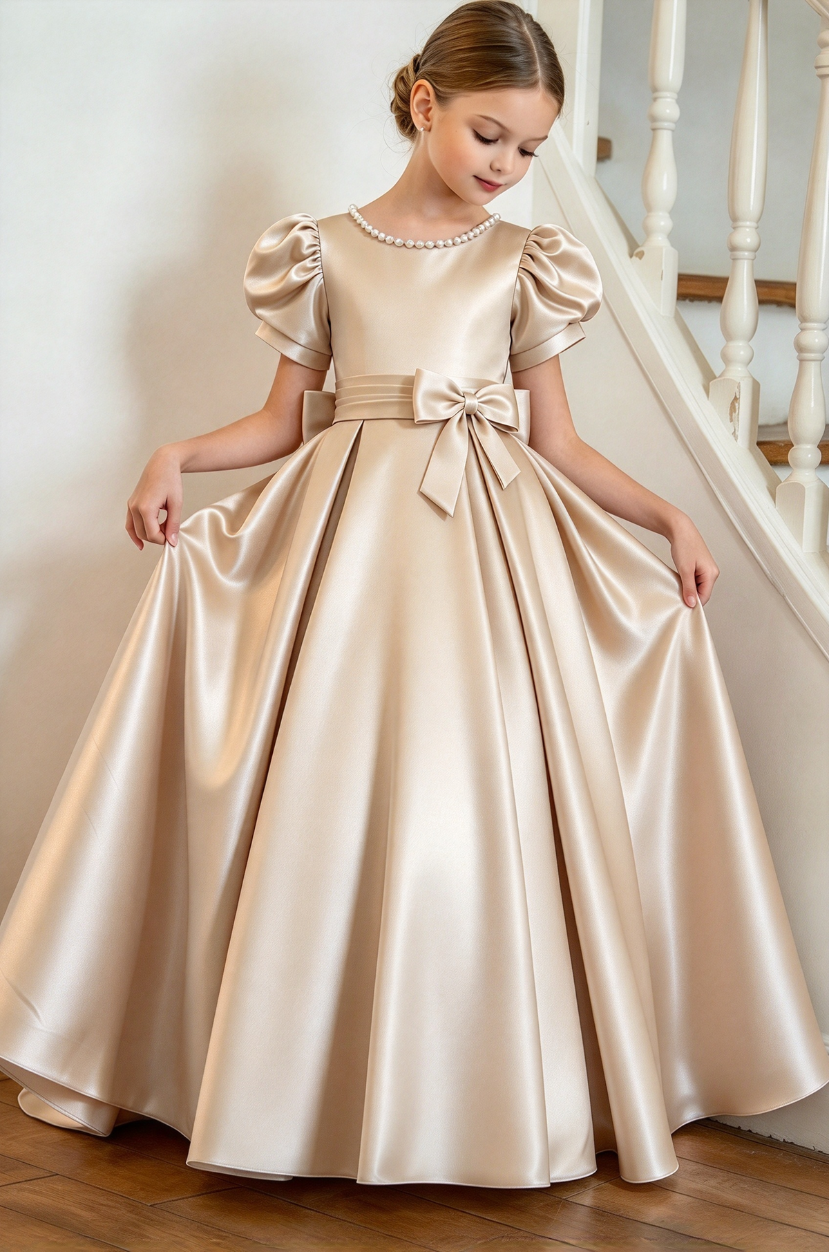 Silver Satin Pearl Puff Sleeve Bow A-Line Formal Dress