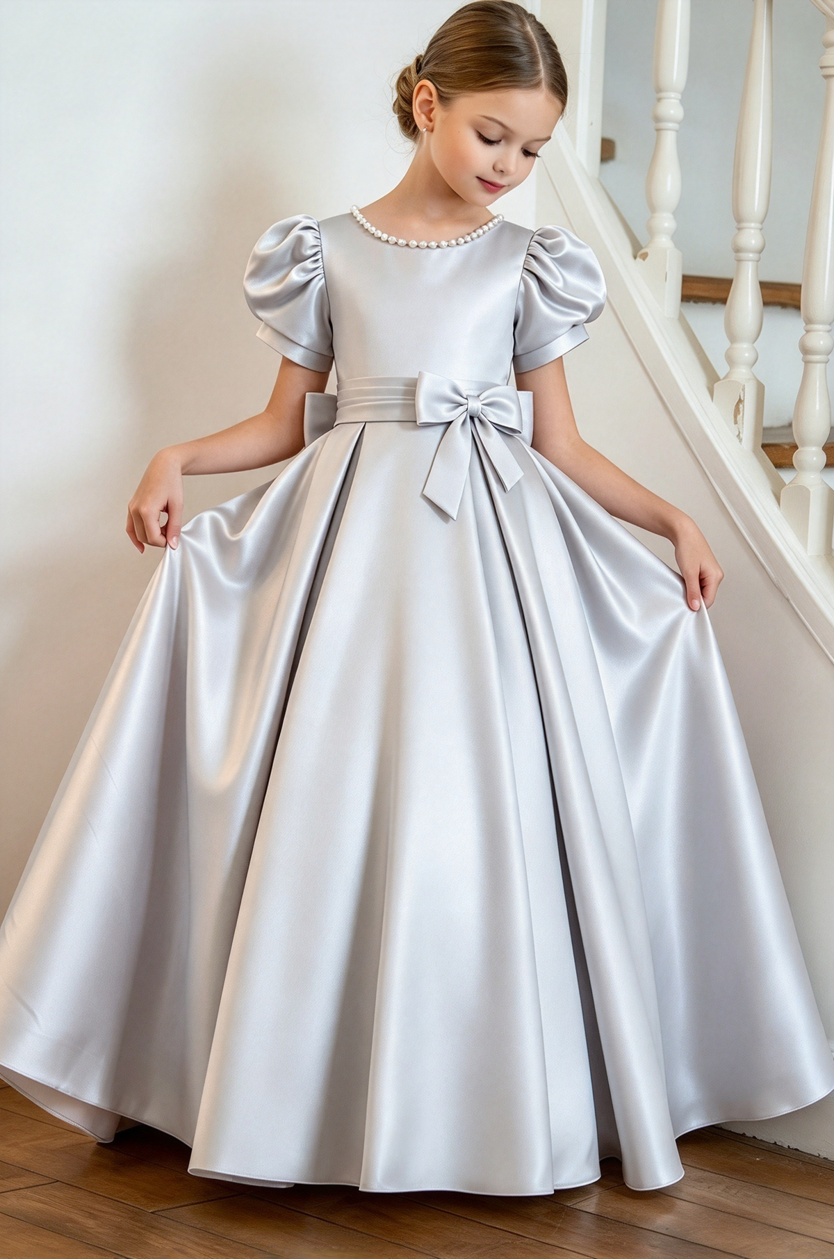 Silver Satin Pearl Puff Sleeve Bow A-Line Formal Dress