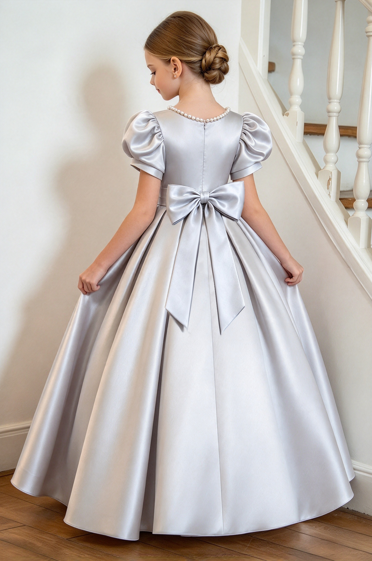 Silver Satin Pearl Puff Sleeve Bow A-Line Formal Dress