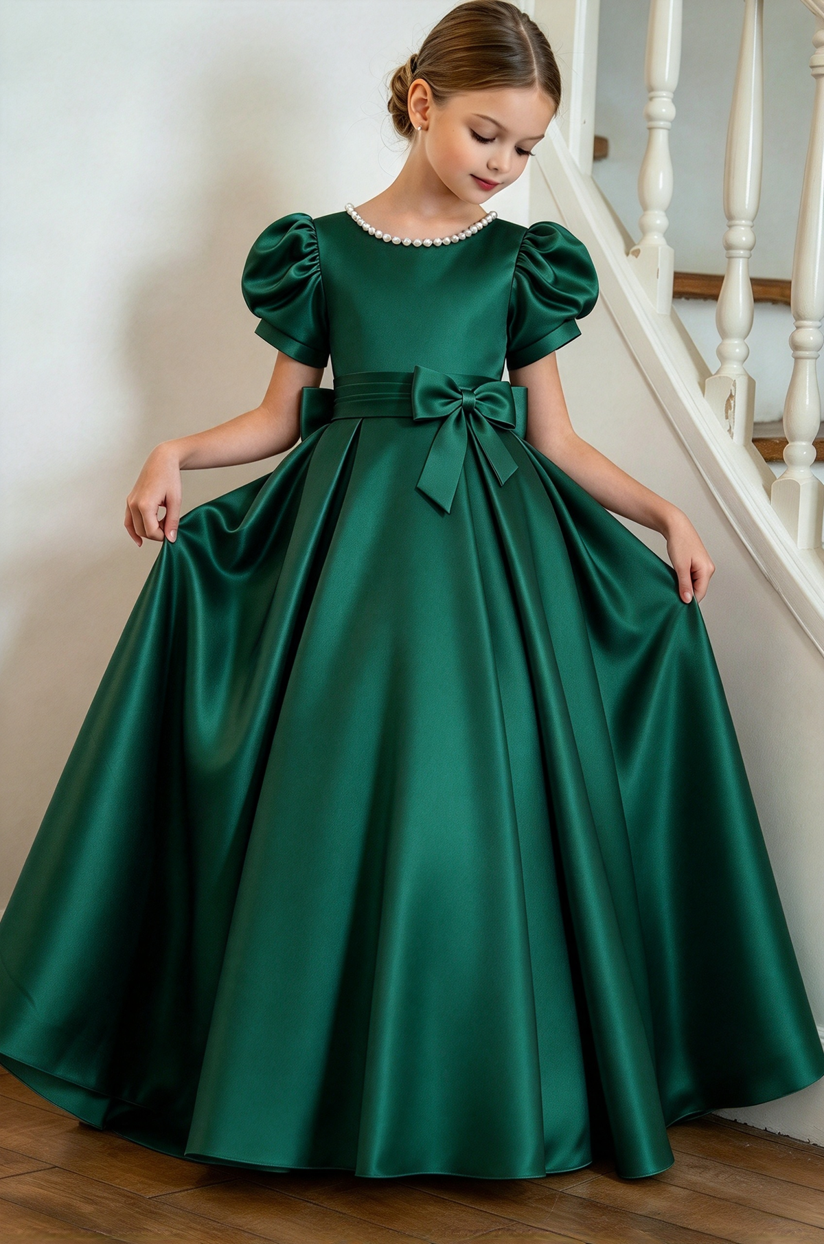 Silver Satin Pearl Puff Sleeve Bow A-Line Formal Dress
