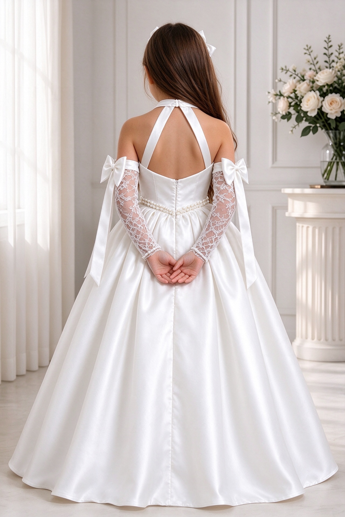 White Satin Halter Pearl A-Line Formal Dress (Sleeves Not Included)