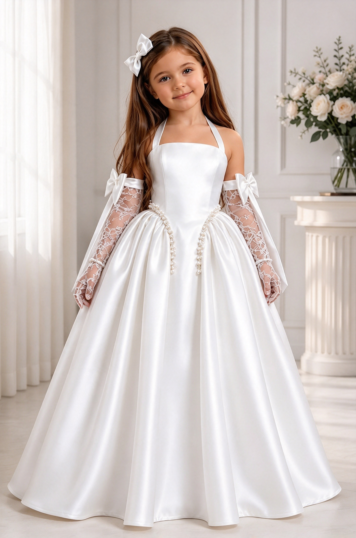 White Satin Halter Pearl A-Line Formal Dress (Sleeves Not Included)