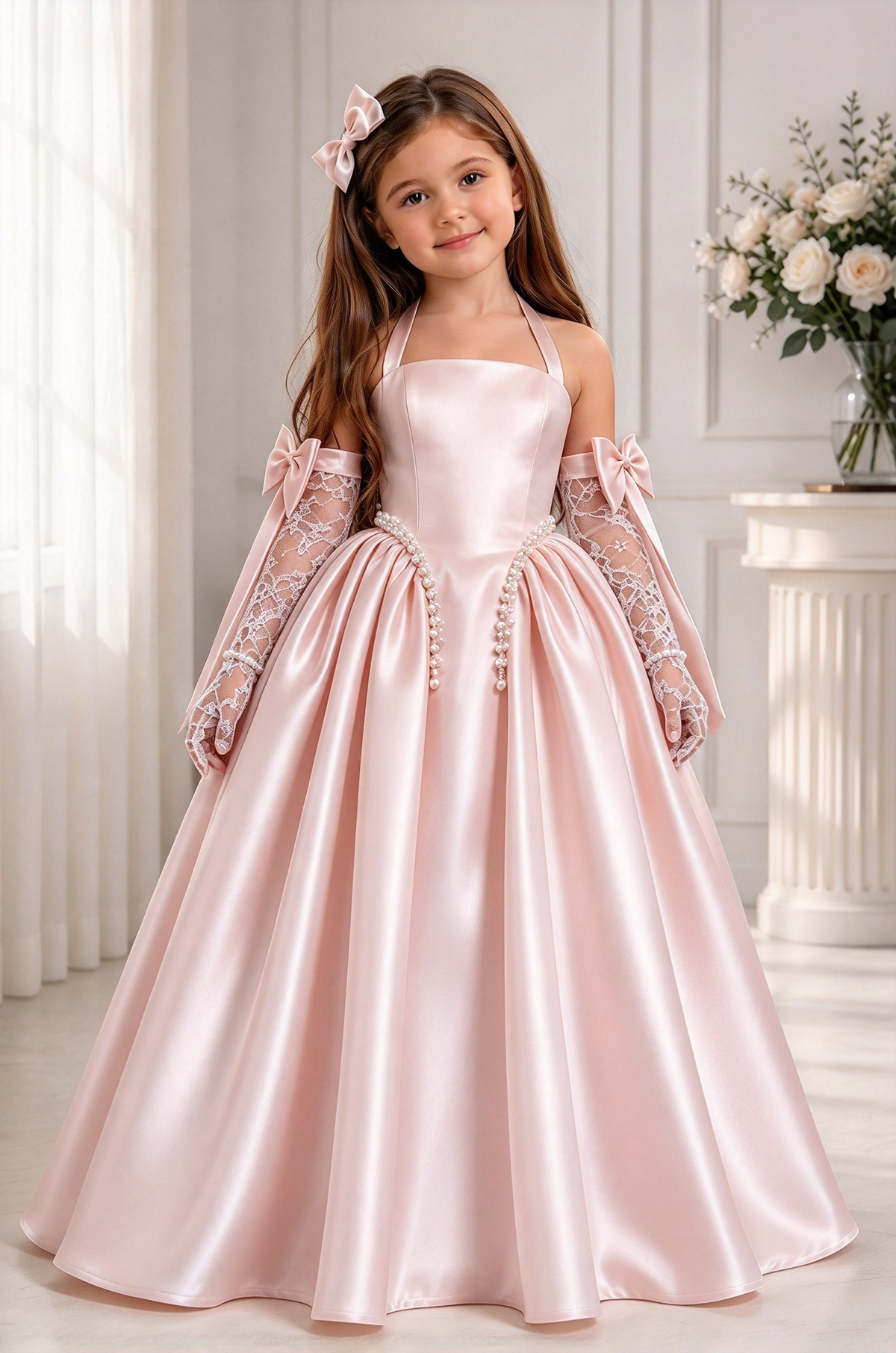 White Satin Halter Pearl A-Line Formal Dress (Sleeves Not Included)