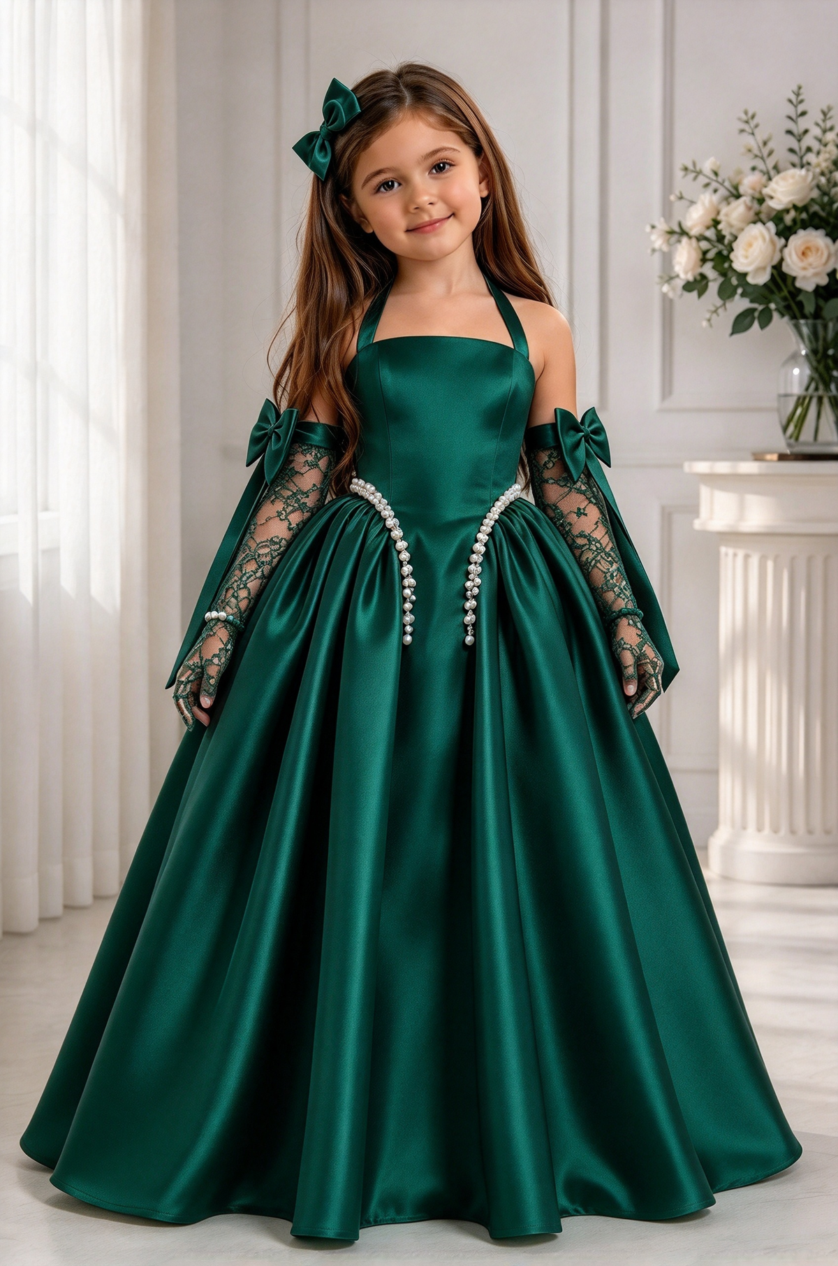 White Satin Halter Pearl A-Line Formal Dress (Sleeves Not Included)