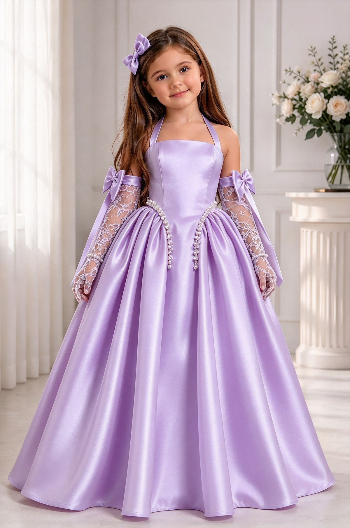 White Satin Halter Pearl A-Line Formal Dress (Sleeves Not Included)