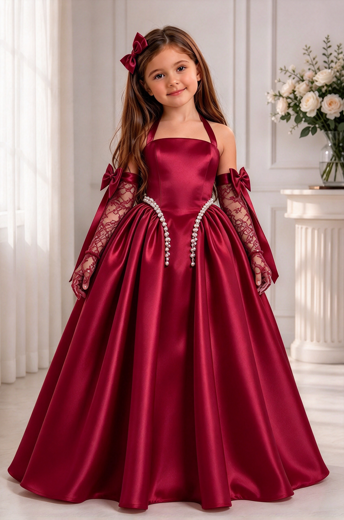 White Satin Halter Pearl A-Line Formal Dress (Sleeves Not Included)