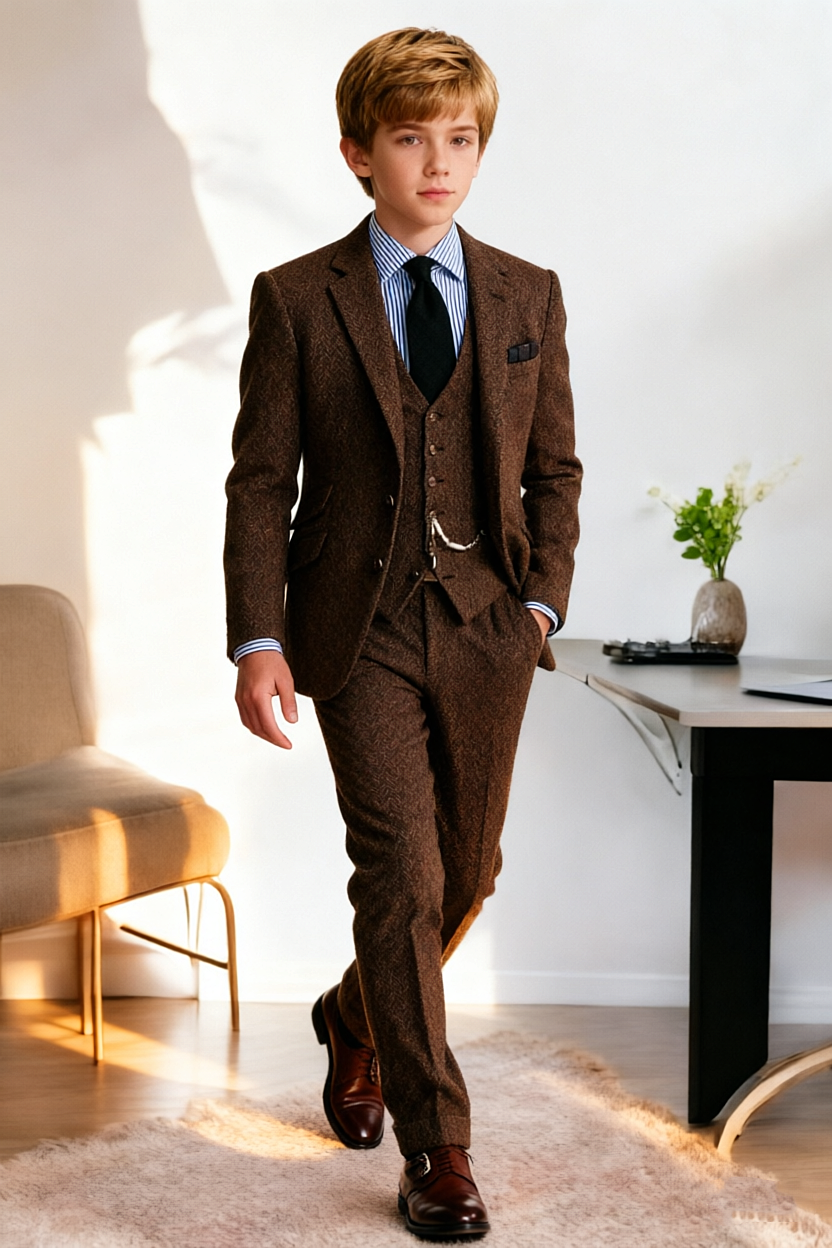 Dark Brown Herringbone Single Breasted 3-Piece Suit Set