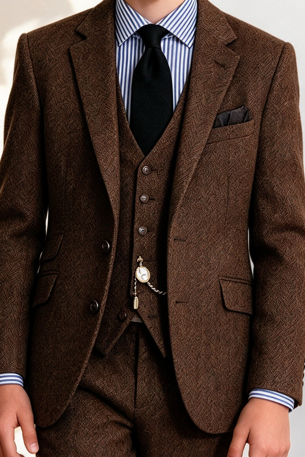 Dark Brown Herringbone Single Breasted 3-Piece Suit Set