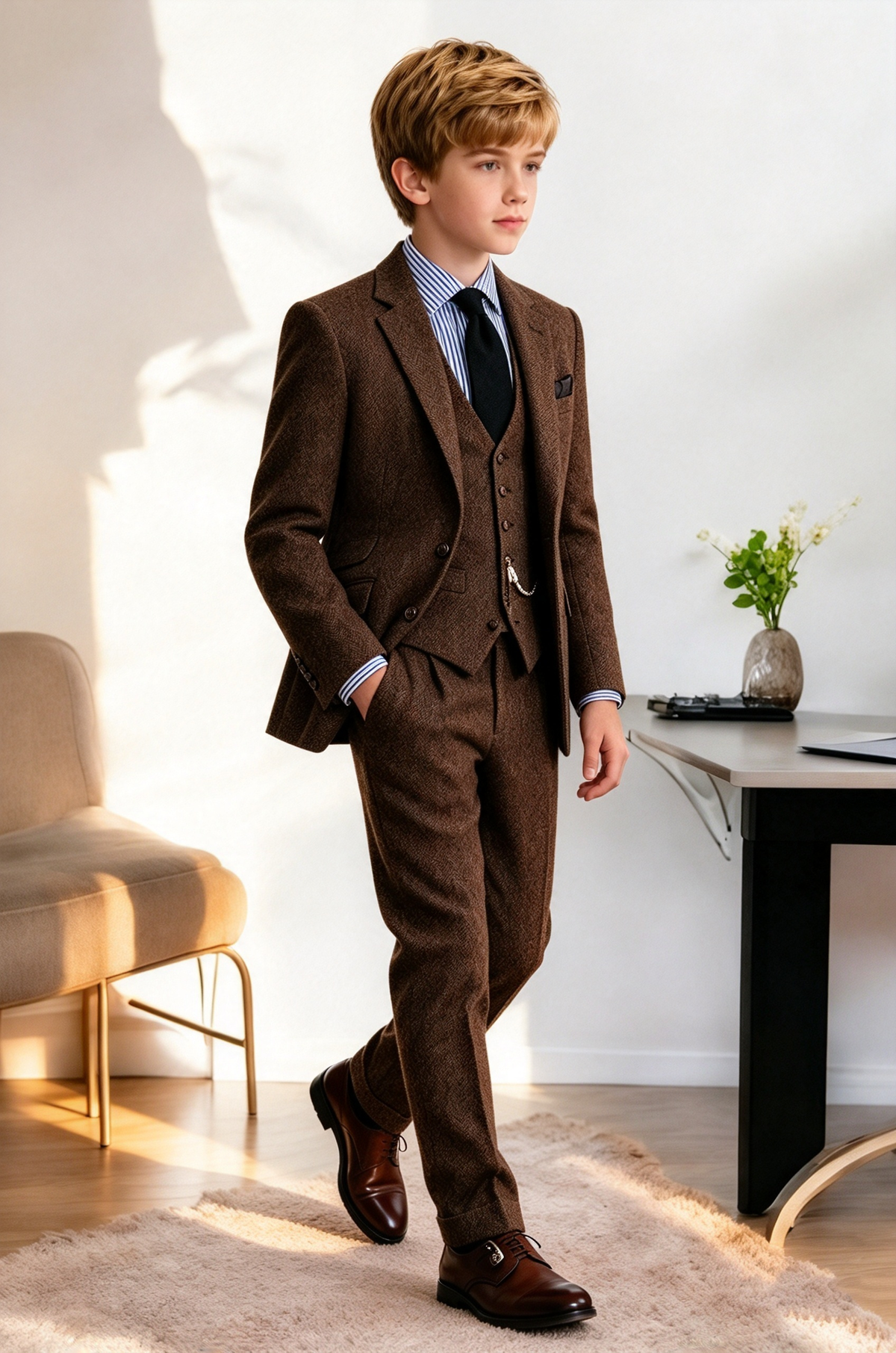 Dark Brown Herringbone Single Breasted 3-Piece Suit Set
