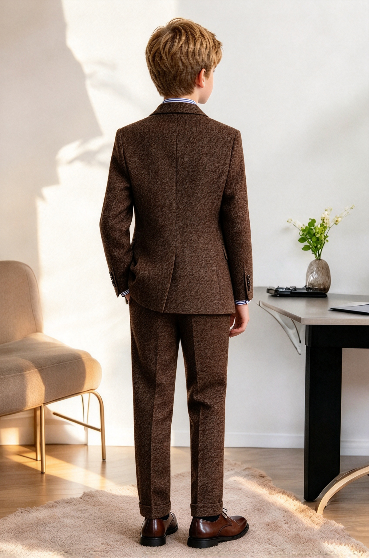 Dark Brown Herringbone Single Breasted 3-Piece Suit Set