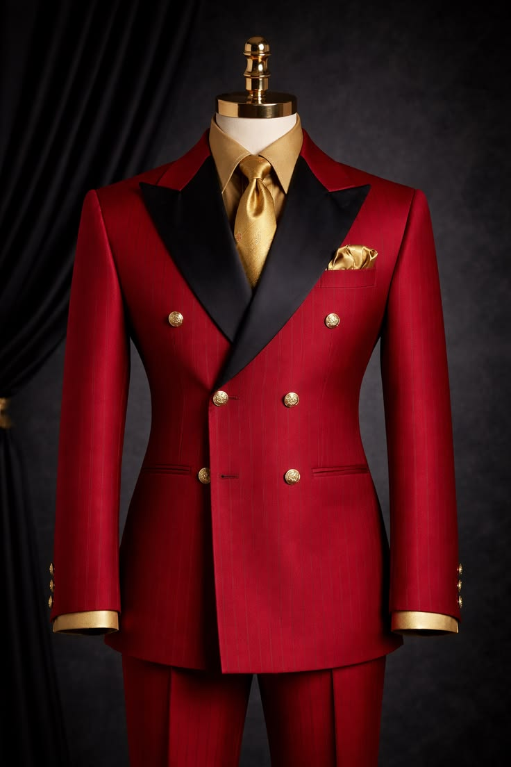 Bright Red & Black Lapel Double Breasted 2-Piece Suit Set