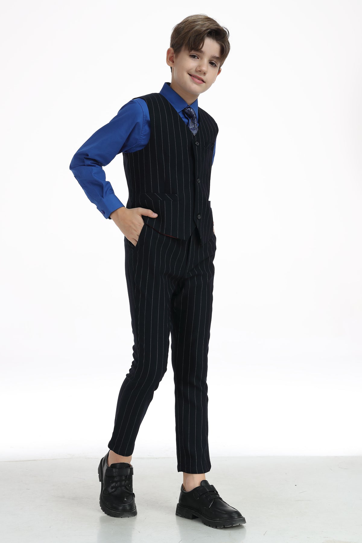 Boys Dark Navy Pinstripe Single Breasted Vest 2-Piece Suit Set