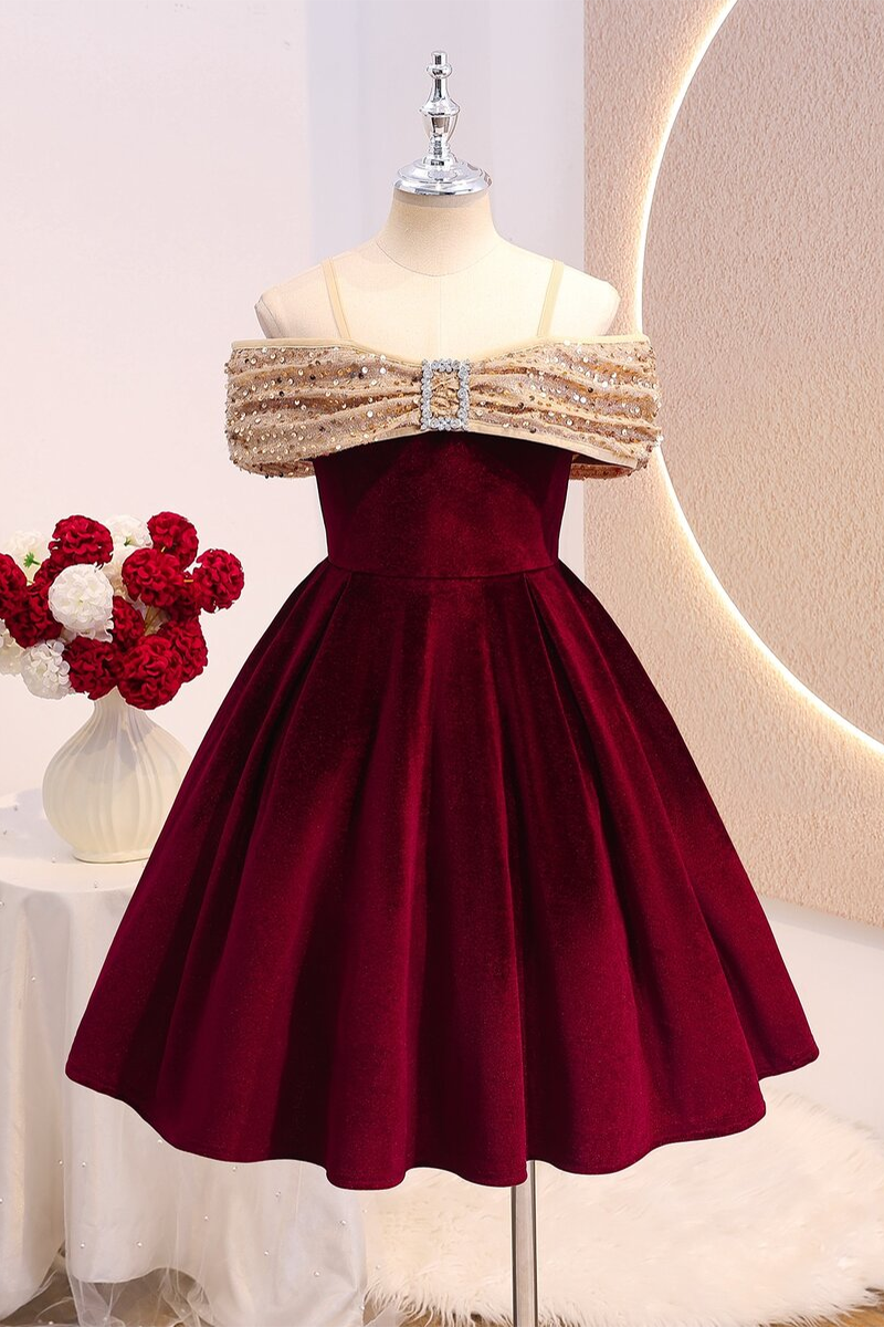Girls Burgundy Velvet Party Dress with Sequin Off Shoulder