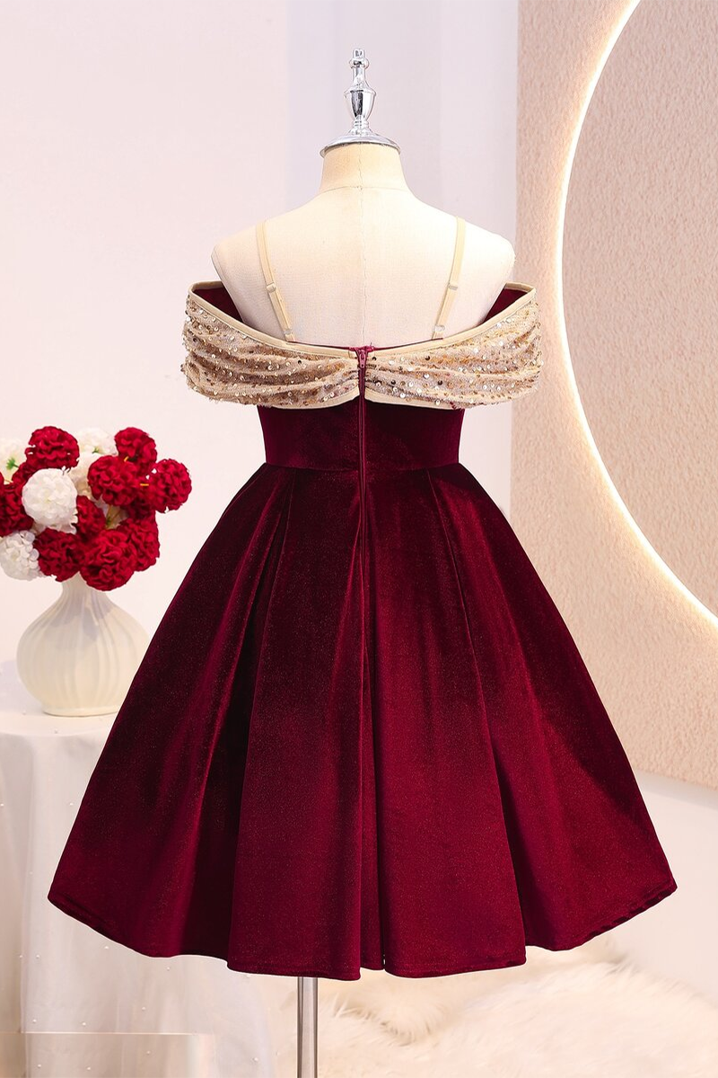 Girls Burgundy Velvet Party Dress with Sequin Off Shoulder