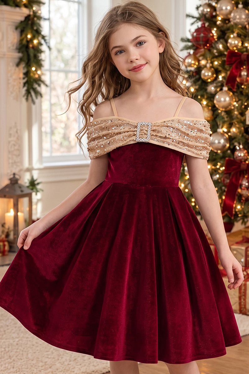 Girls Burgundy Velvet Party Dress with Sequin Off Shoulder